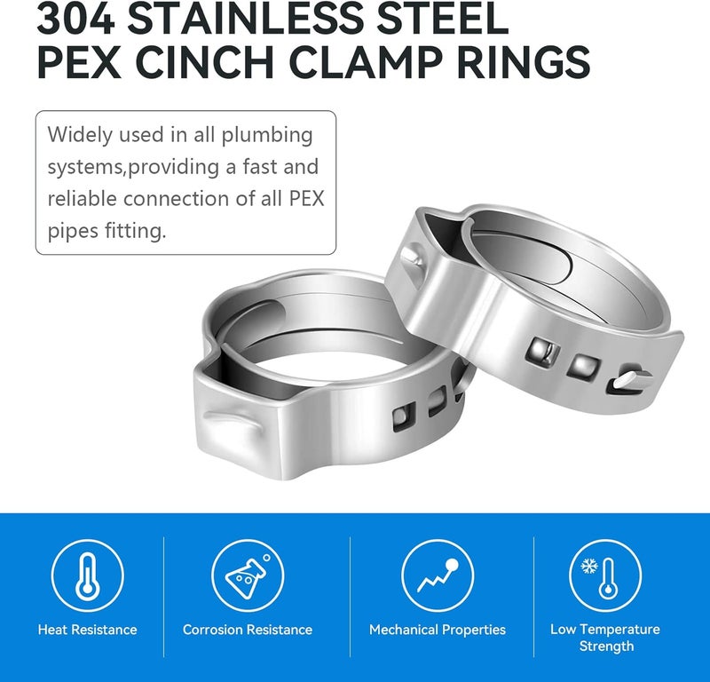 GUOFIS 100 Pack 1/2 Inch Pex Cinch Clamp Rings,Premium 304 Stainless Steel PEX Crimp Ring,Pex Fitting Clamps Pinch Ring for PEX Tubing Pipe Fittings Connection - Image 3