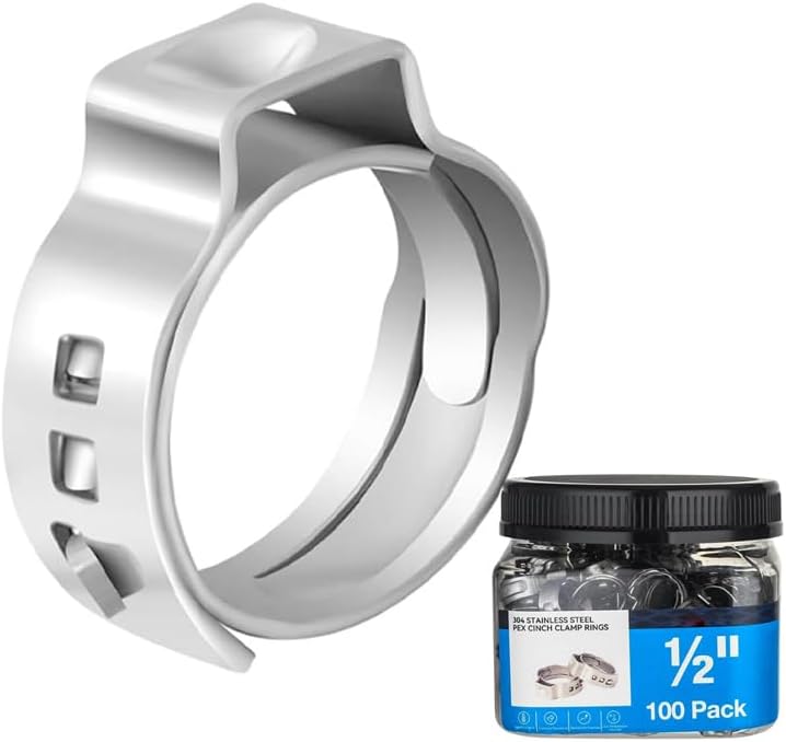 GUOFIS 100 Pack 1/2 Inch Pex Cinch Clamp Rings,Premium 304 Stainless Steel PEX Crimp Ring,Pex Fitting Clamps Pinch Ring for PEX Tubing Pipe Fittings Connection - Image 1