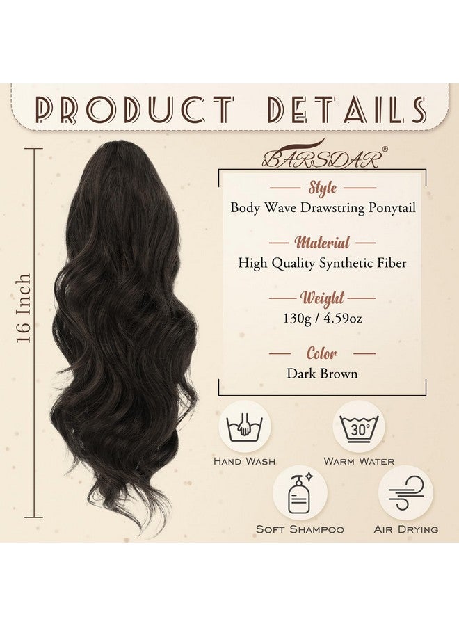 BARSDAR Ponytail Extension - 16 Inch Drawstring Ponytail Extensions Short Wavy Dark Brown Ponytail Hair Extensions Synthetic Clip in Pony Tail Hairpieces for Women Daily - Dark Brown - Image 2