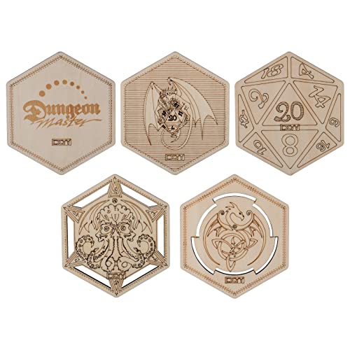 CZYY DND Decorative Wood Coasters Cool & Unique Table Mug Cup Mats Laser Engraved with Dragon, D20 and Cthulhu (Set of 5) - Image 1