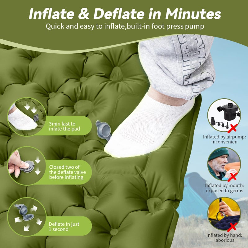 HiiPeak Double Sleeping Pad - Self Inflating 3" Extra-Thick for 2 Person with Pillow Built-in Foot Pump Inflatable Sleeping Mat for Backpacking, Hiking, Traveling, Tent, Portable Camping Mat (Green) - Image 4