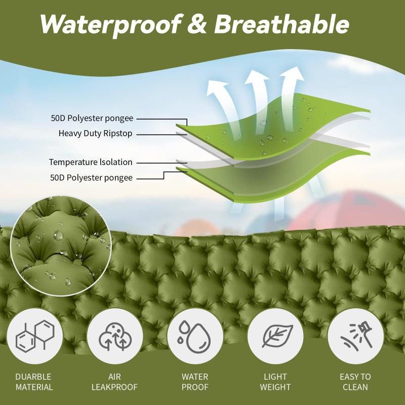 HiiPeak Double Sleeping Pad - Self Inflating 3" Extra-Thick for 2 Person with Pillow Built-in Foot Pump Inflatable Sleeping Mat for Backpacking, Hiking, Traveling, Tent, Portable Camping Mat (Green) - Image 2