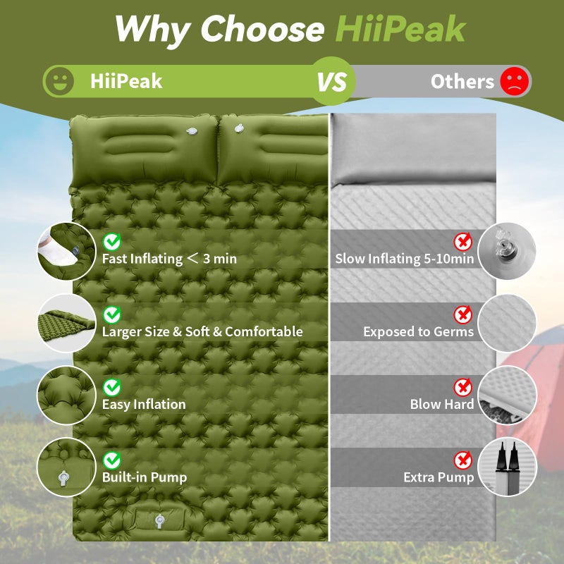 HiiPeak Double Sleeping Pad - Self Inflating 3" Extra-Thick for 2 Person with Pillow Built-in Foot Pump Inflatable Sleeping Mat for Backpacking, Hiking, Traveling, Tent, Portable Camping Mat (Green) - Image 5