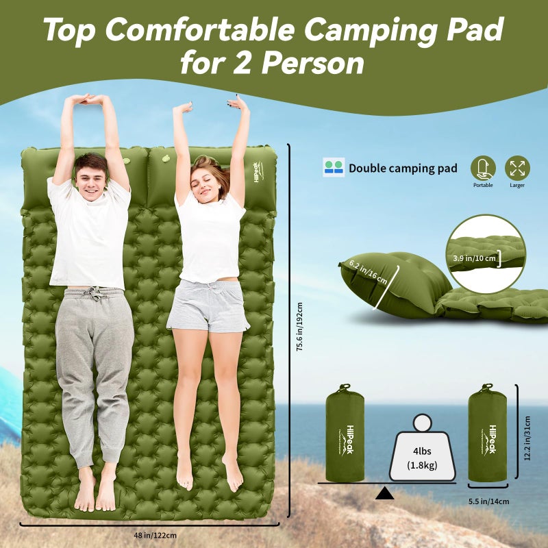 HiiPeak Double Sleeping Pad - Self Inflating 3" Extra-Thick for 2 Person with Pillow Built-in Foot Pump Inflatable Sleeping Mat for Backpacking, Hiking, Traveling, Tent, Portable Camping Mat (Green) - Image 3