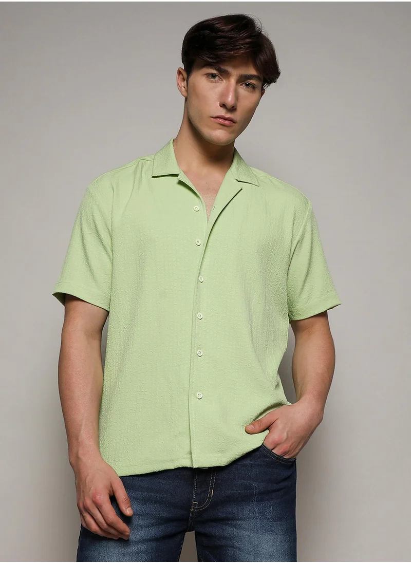 كامبوس سوترا Men's Lime Green Self-Design Creased Box Shirt