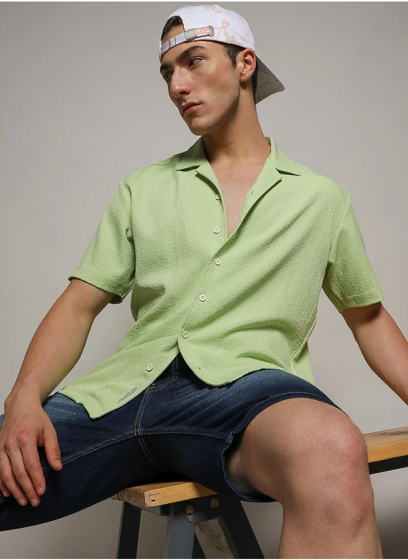 كامبوس سوترا Men's Lime Green Self-Design Creased Box Shirt