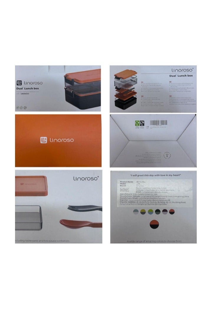 linoroso علبة غداء للبالغين من لينوروسو – بوكس بنتو بثلاثة أقسام مع علبة صوص وأدوات مائدة – بلاستيك خالٍ من BPA – آمن للمايكروويف وغسالة الصحون – مثالي للفطور أو الغداء أو السلطات – برتقالي - Image 4