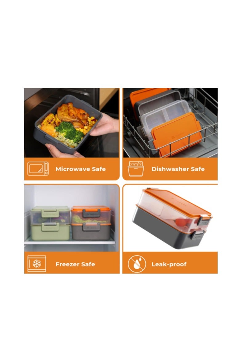 linoroso علبة غداء للبالغين من لينوروسو – بوكس بنتو بثلاثة أقسام مع علبة صوص وأدوات مائدة – بلاستيك خالٍ من BPA – آمن للمايكروويف وغسالة الصحون – مثالي للفطور أو الغداء أو السلطات – برتقالي - Image 1