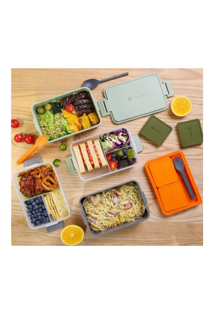 linoroso علبة غداء للبالغين من لينوروسو – بوكس بنتو بثلاثة أقسام مع علبة صوص وأدوات مائدة – بلاستيك خالٍ من BPA – آمن للمايكروويف وغسالة الصحون – مثالي للفطور أو الغداء أو السلطات – برتقالي - Image 3