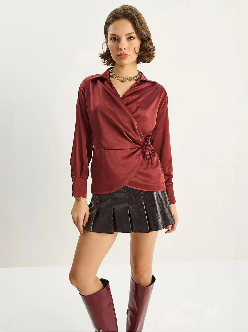 Bianco Lucci LUCCI Satin V-Neck Shirt with Tie Closure