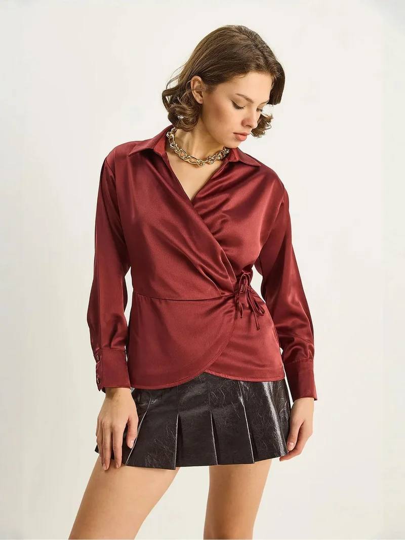 Bianco Lucci LUCCI Satin V-Neck Shirt with Tie Closure