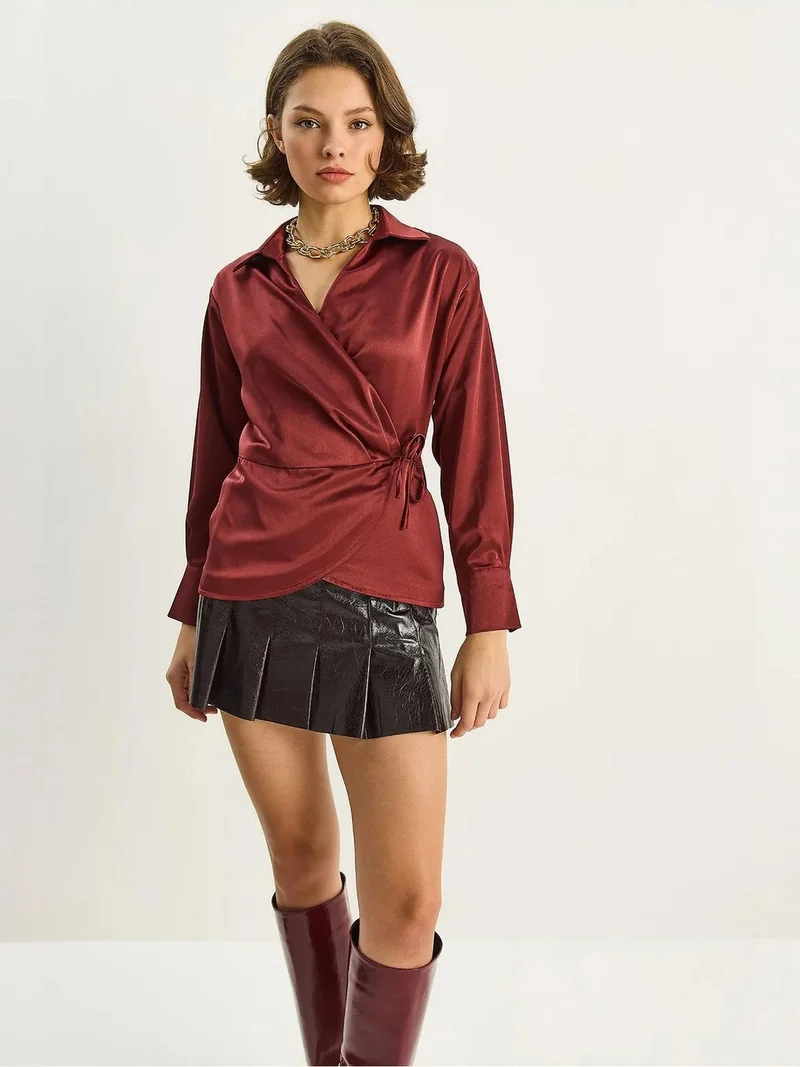Bianco Lucci LUCCI Satin V-Neck Shirt with Tie Closure