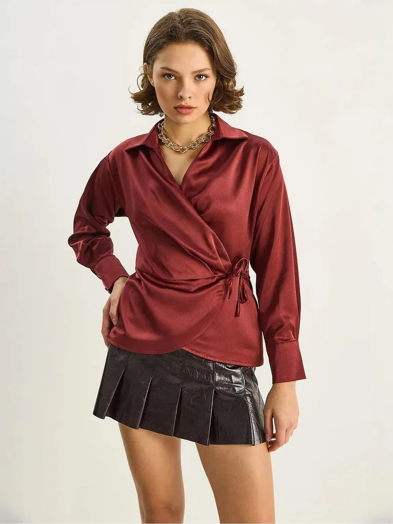 Bianco Lucci LUCCI Satin V-Neck Shirt with Tie Closure
