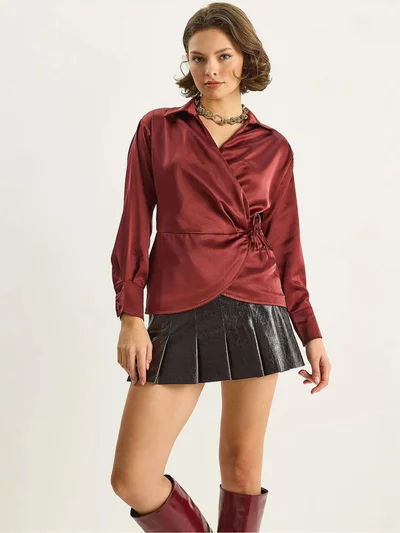 Bianco Lucci LUCCI Satin V-Neck Shirt with Tie Closure