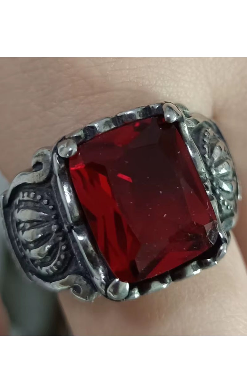 ROMAD Stainless steel ring with a vintage red crystal stone, featuring a bold and stylish design for youth. - Image 5