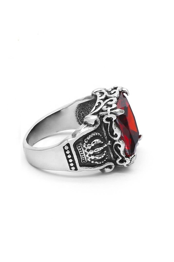 ROMAD Stainless steel ring with a vintage red crystal stone, featuring a bold and stylish design for youth. - Image 2