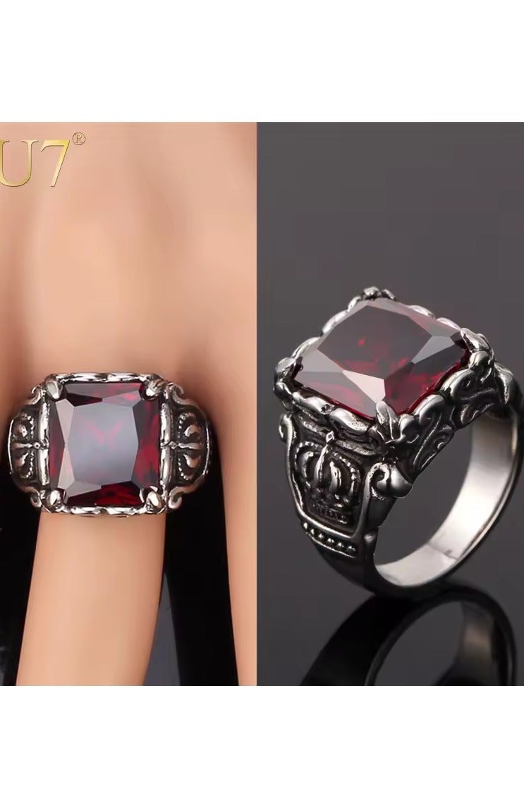 ROMAD Stainless steel ring with a vintage red crystal stone, featuring a bold and stylish design for youth. - Image 4