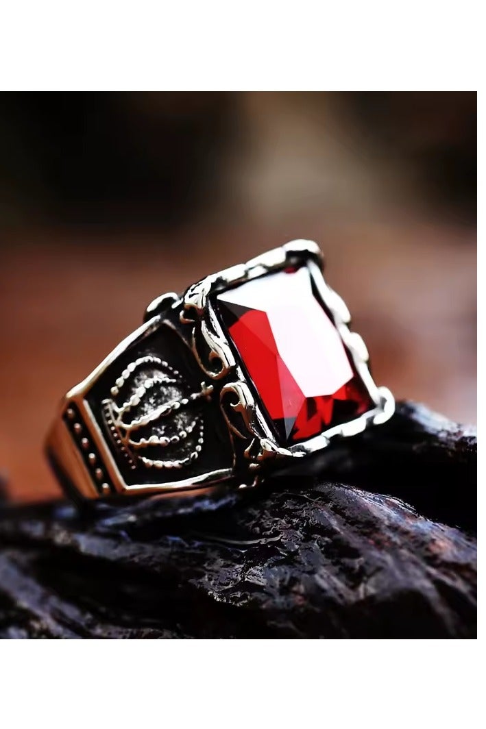 ROMAD Stainless steel ring with a vintage red crystal stone, featuring a bold and stylish design for youth. - Image 5