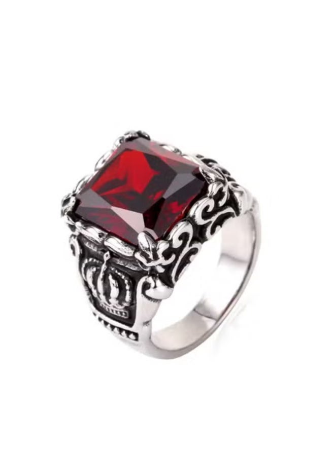 ROMAD Stainless steel ring with a vintage red crystal stone, featuring a bold and stylish design for youth. - Image 1