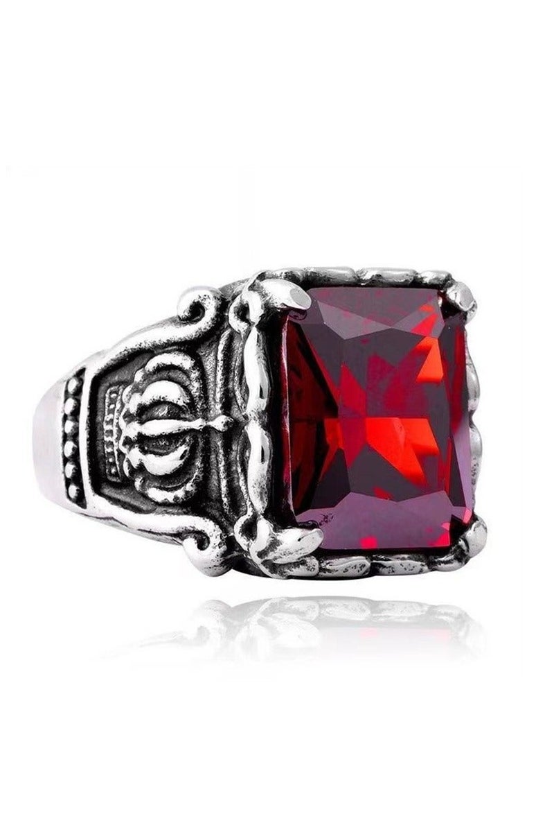 ROMAD Stainless steel ring with a vintage red crystal stone, featuring a bold and stylish design for youth. - Image 2