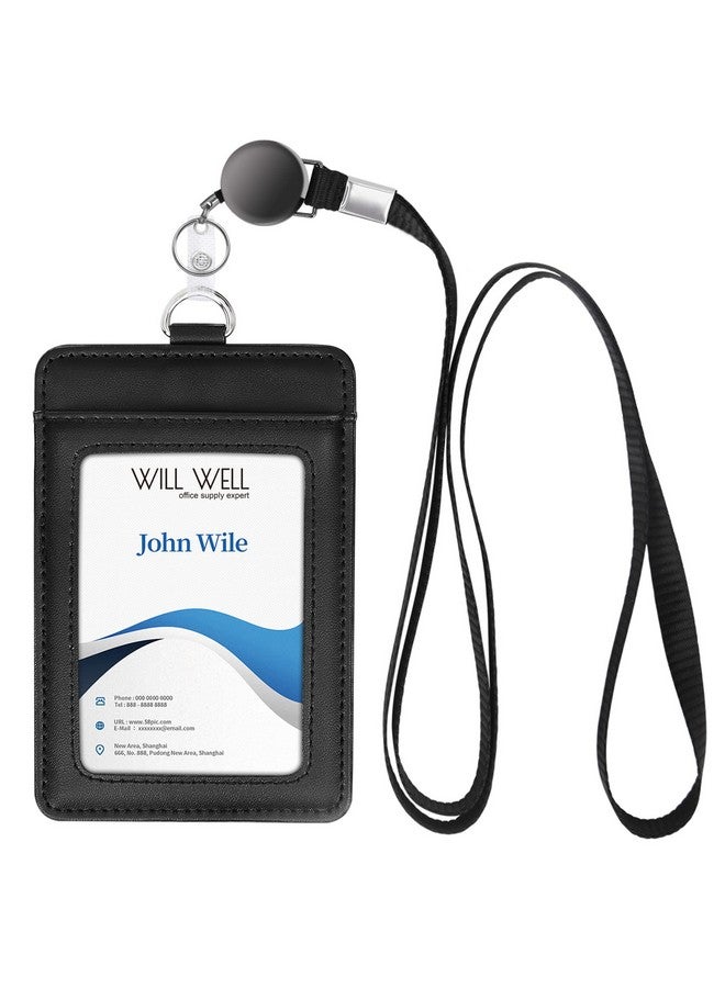 Will Well Genuine Leather Id Badge Holder With Retractable Lanyard Retractable Badge Reel Nylon Lanyard And Vertical Id Card Holder With 1 Card Slot Key Chain For Men Women Black - Image 1