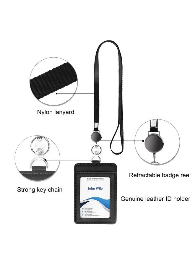 Will Well Genuine Leather Id Badge Holder With Retractable Lanyard Retractable Badge Reel Nylon Lanyard And Vertical Id Card Holder With 1 Card Slot Key Chain For Men Women Black - Image 2