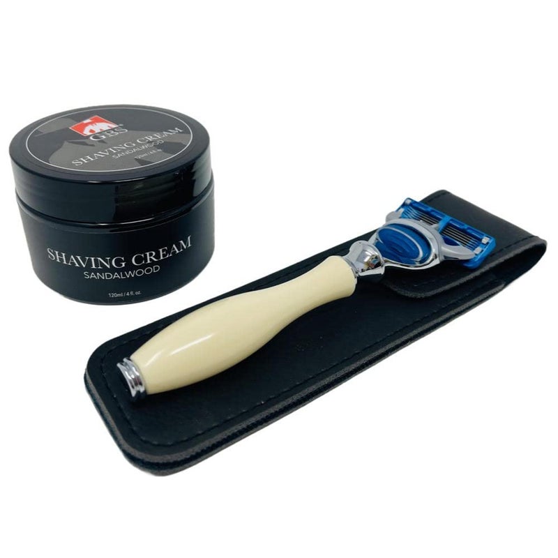 GBS Faux Ivory 5 Blade Compatible Razor Handle 1 Refill Cartridge Sandalwood Shave Cream Leather Razor Case Easy To Grip Handle Shaving Kit Gift Set Bundle