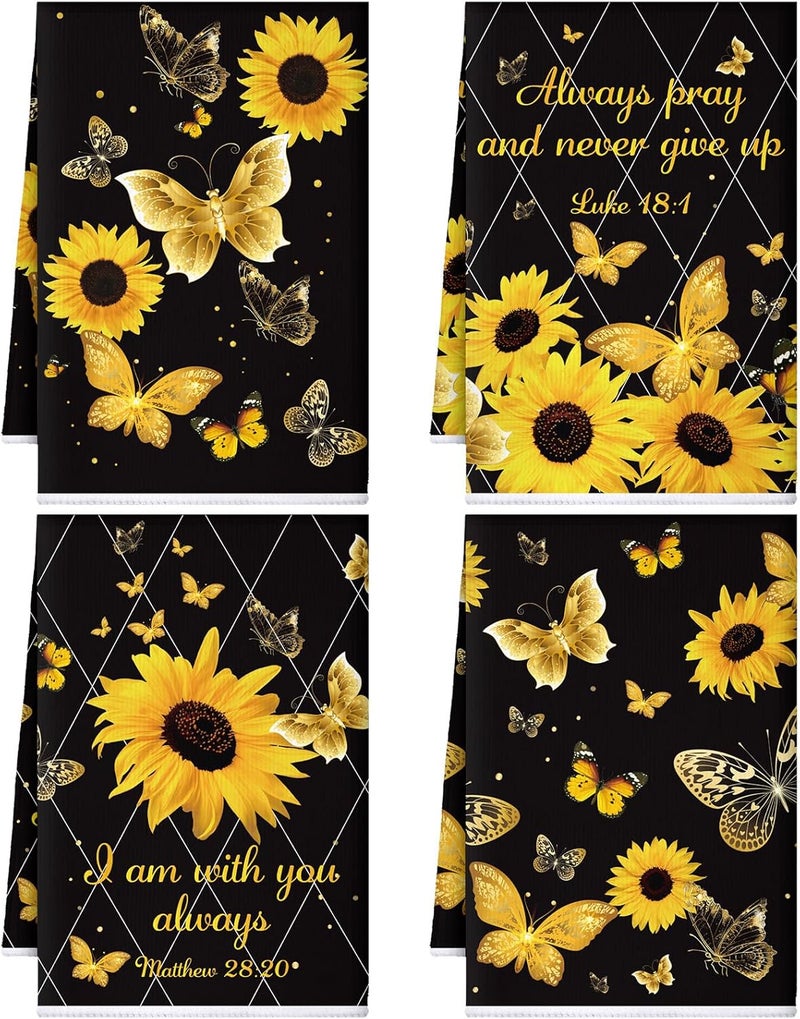 Bencailor 4 Pcs Sunflower Kitchen Towels Butterfly Flower Hand Dish Towels Black Yellow Floral Fast Drying Absorbent Decor Housewarming Gift for Holiday Cooking Kitchen Bathroom - Image 1