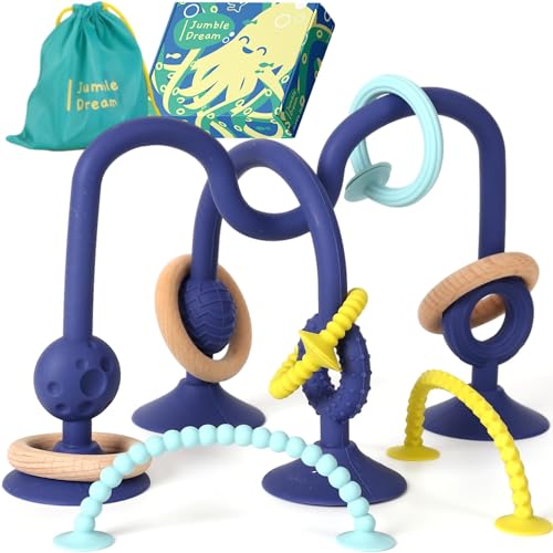 Jumble Jangle Baby Teething Toys BPAFree Multi Purpose High Chair Toys for Babies Suction Teething Relief with Sensory Toy Textures for Infants and Toddlers 024 Months Dark