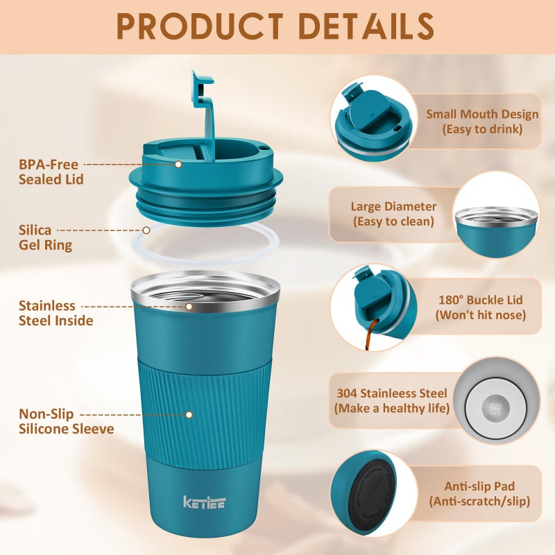 KETIEE Travel Mugs, 510ml Insulated Coffee Cup with Leakproof Lid,Reusable Coffee Cups Travel Cup,Coffee Travel Mug,Double Walled Coffee Mug,Stainless Steel thermaol Mug for Hot Cold Drinks,Blue - Image 2