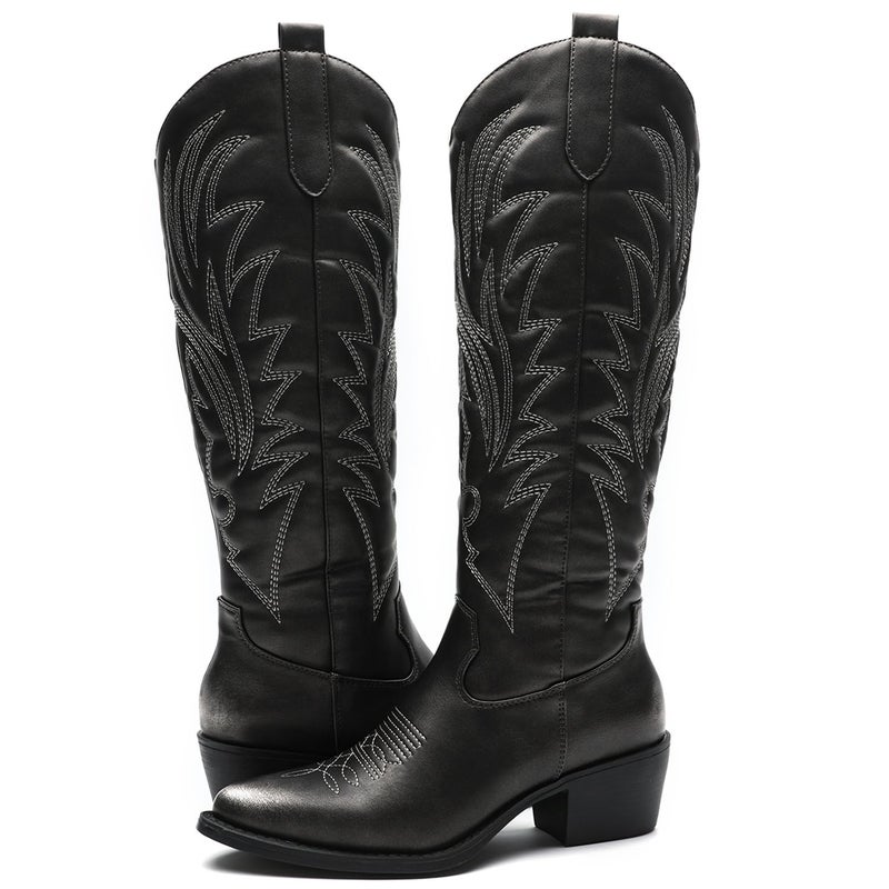 GLOBALWIN Women's Brushed Silver Cowboy Boots For Women Embroidered Knee High Boots Western Cowgirl Boots 7M - Image 1