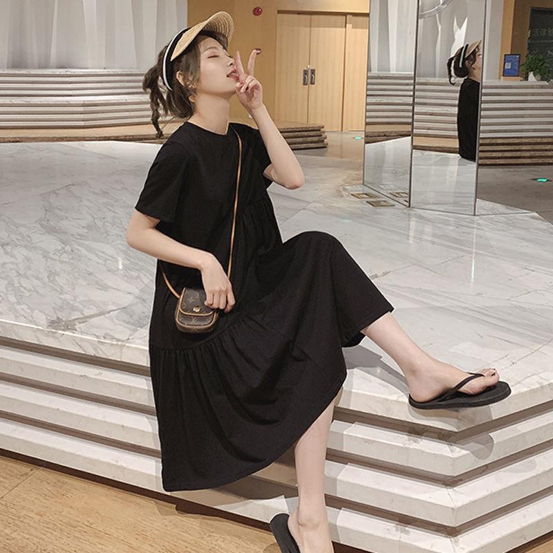 Maternity Summer dress Summer Loose Short-sleeved Skirt Irregular Mid-length Trendy Mom Pregnant Womens Skirt Summer Black (comfortable and breathable)
