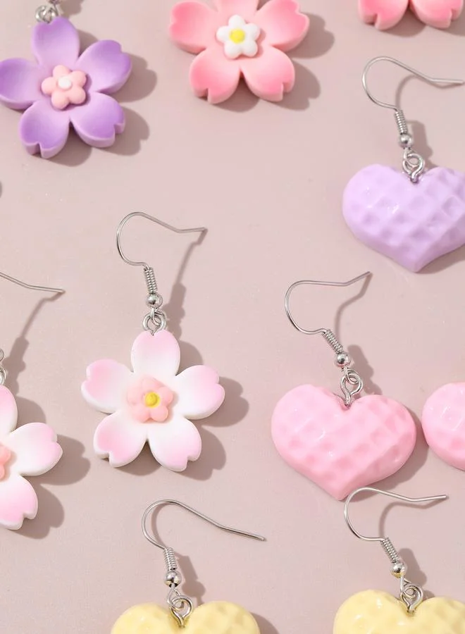 Girls Set of 6 - Flower and Heart Drop Earrings