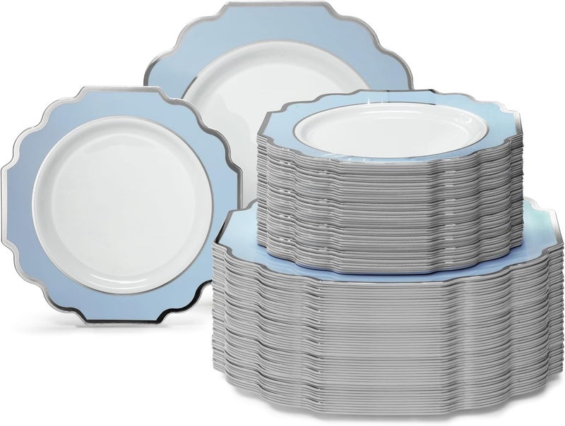 OCCASIONS FINEST PLASTIC TABLEWARE " OCCASIONS " 120 Plates Pack,(60 Guests) Heavyweight Premium Wedding Party Disposable Plastic Plates Set -60 x 10.5'' Dinner + 60 x 8'' Salad/Dessert (Imperial in White/Blue & Silver) - Image 1