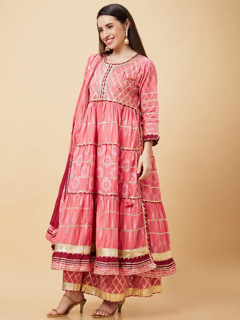 globus Women Printed Gotta Patti Tiered Anarkali Kurta With Sharara & Dupatta