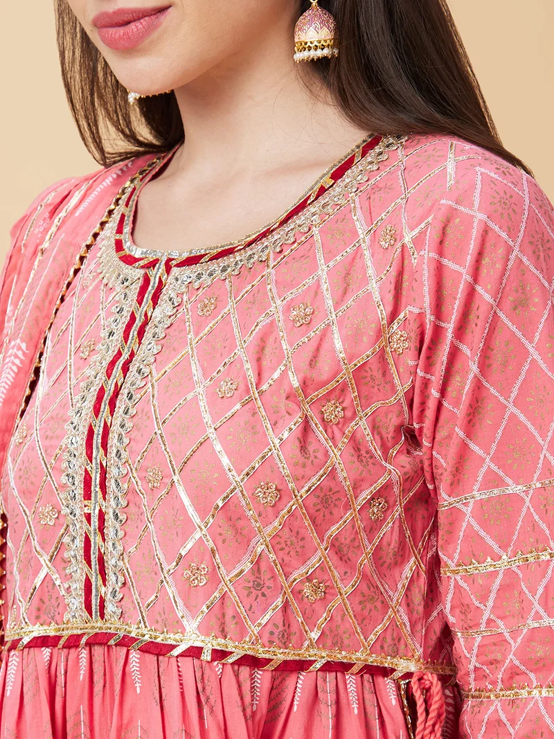 globus Women Printed Gotta Patti Tiered Anarkali Kurta With Sharara & Dupatta