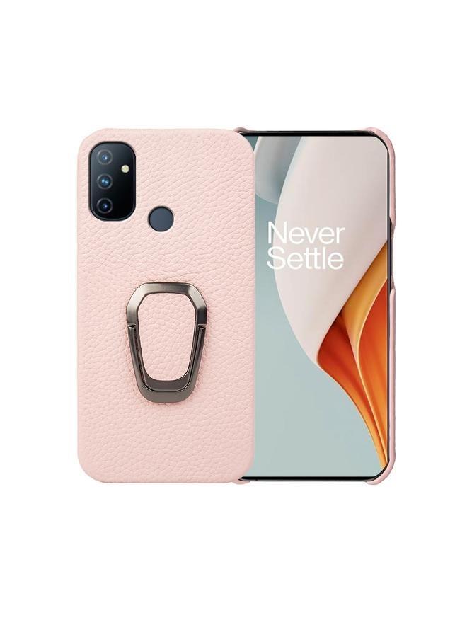 اس-توب جراب لهاتف OnePlus Nord N100 مزود بحلقة من الجلد الطبيعي بتصميم ليتشي - Image 1