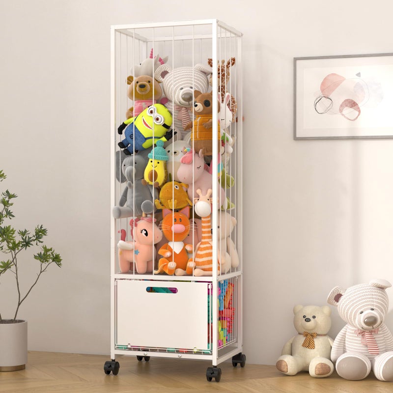 Bukfen Metal Stuffed Animal Storage Zoo Organizer Extra Large Plush Toy Holder with Adjustable Elastic Cords 4 Wheels Vertical SpaceSaving for Kids Nursery Playroom Bedroom White - Image 2