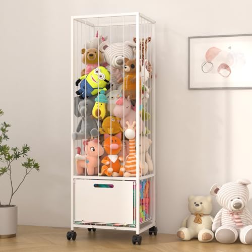 Bukfen Metal Stuffed Animal Storage Zoo Organizer Extra Large Plush Toy Holder with Adjustable Elastic Cords 4 Wheels Vertical SpaceSaving for Kids Nursery Playroom Bedroom White - Image 1