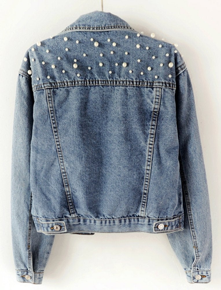 LifeShe Women's Embroidered Pearl Denim Jean Jacket Coat - Image 2