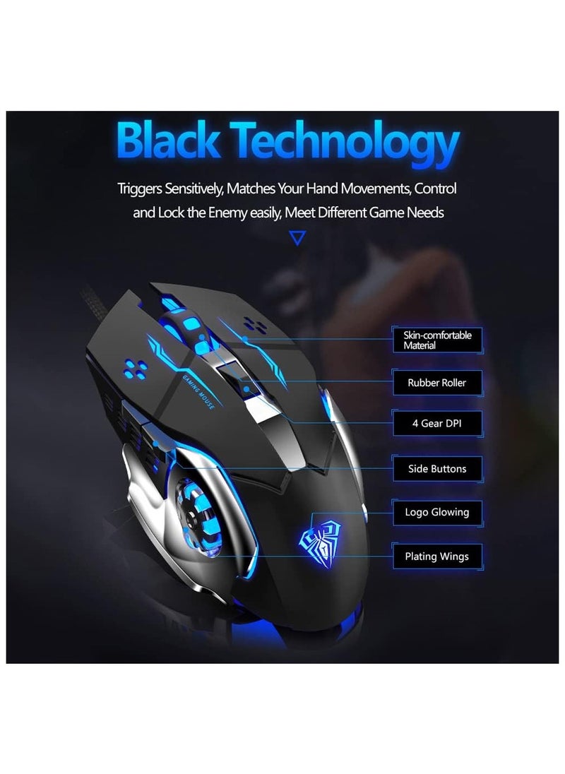 AULA - AULA S20 Gaming Mouse, Wired USB Computer Mouse with RGB LED Backlit, DPI Adjustable, PC Gaming Mice with 6 Programmable Macro Buttons for Desktop, Laptop, PC, Mac - Black - Image 1