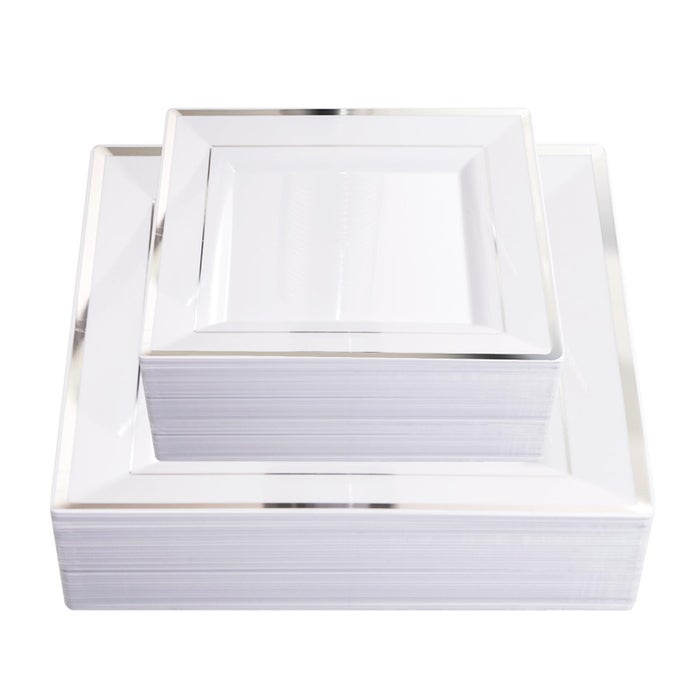 100PCS WHITE AND SILVER SQUARE PLASTIC PLATES 50PCS HEAVY DUTY 95INCH WHITE DINNER PLATE AND 50PCS 6INCH DESSERT PLATESSILVER DISPOSABLE PLATE FOR PARTYWEDDINGNEW YEARCHRISMAS