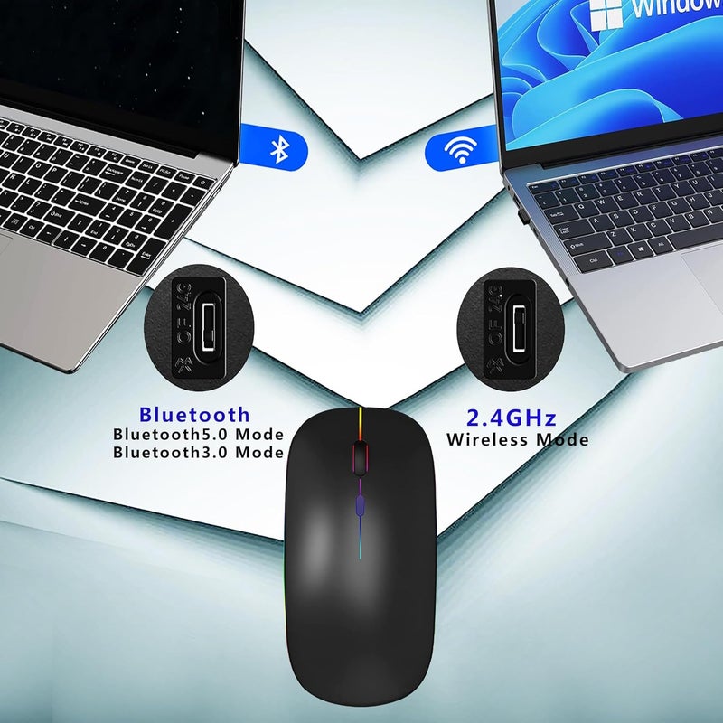 WREANU Wireless Bluetooth Mouse Rechargeable Laptop Mice with LED Lights Silent Slim Use(BT5.2 and 2.4G Portable USB Receiver)Dual Mode Computer Mouse for Laptop/iPad/Tablet/Apple/Computer/Mac(Black) - Image 3