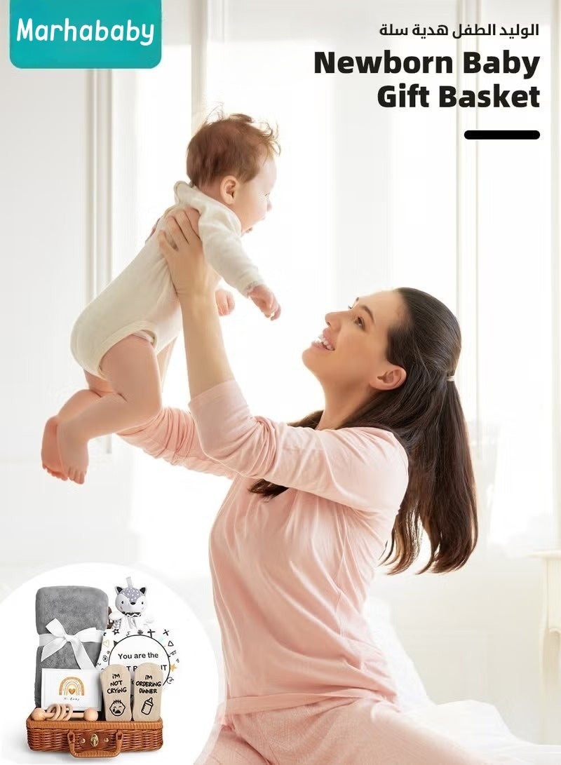 MARHABABY 7 PCS Baby Gift Set, Newborn Baby Shower Gift for Boys Girls, Baby Gift Basket with Essential Stuff, Includes Blanket, Wooden Rattle Toy, Baby Bib and Socks, Greeting Card, Newborn Baby Gift Set - Image 2