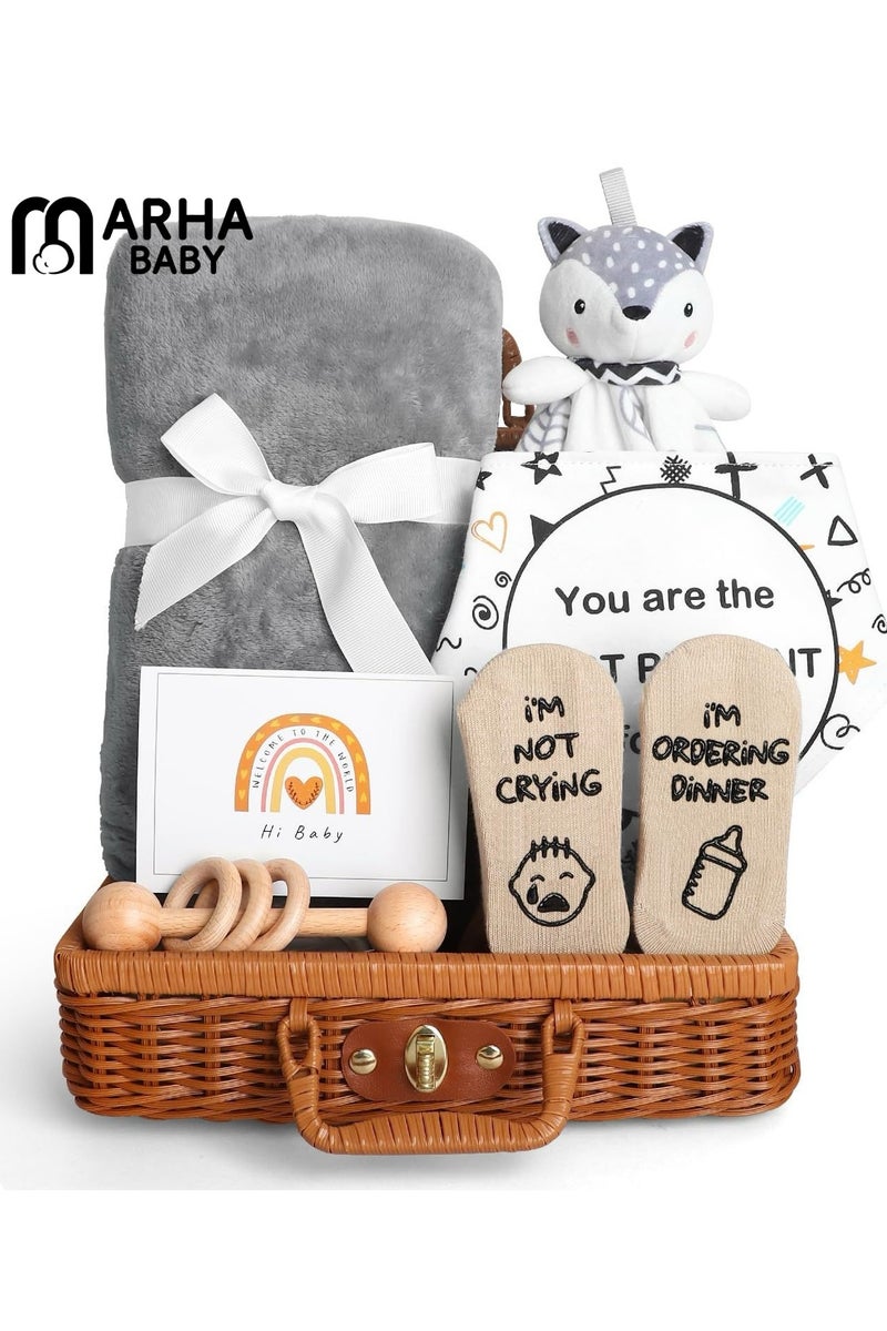 MARHABABY 7 PCS Baby Gift Set, Newborn Baby Shower Gift for Boys Girls, Baby Gift Basket with Essential Stuff, Includes Blanket, Wooden Rattle Toy, Baby Bib and Socks, Greeting Card, Newborn Baby Gift Set - Image 1