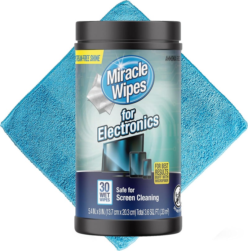 Miracle Brands مناديل MiracleWipes لتنظيف الإلكترونيات - مناديل شاشة مصممة للتلفزيون والهواتف والشاشات والمزيد - تشمل منشفة من الألياف الدقيقة - (30 منديل) تصميم بسيط عالمي - Image 3
