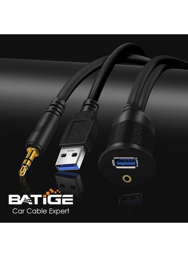 BATIGE 2 Pack USB 3.0 & 3.5mm Car Mount Flush Cable 3.5mm + USB3.0 AUX Extension Dash Panel Waterproof Mount Cable for Car Boat and Motorcycle - 3ft - Image 3