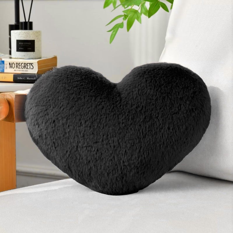 IREMATE Heart Pillow Black Throw Pillows Decorative Pillows for Bed Couch Cute Faux Rabbit Fur Small Pillow for Women Valentine Anniversary Fall Halloween Christmas Home Decor (Mini, 13"x10") - Image 1