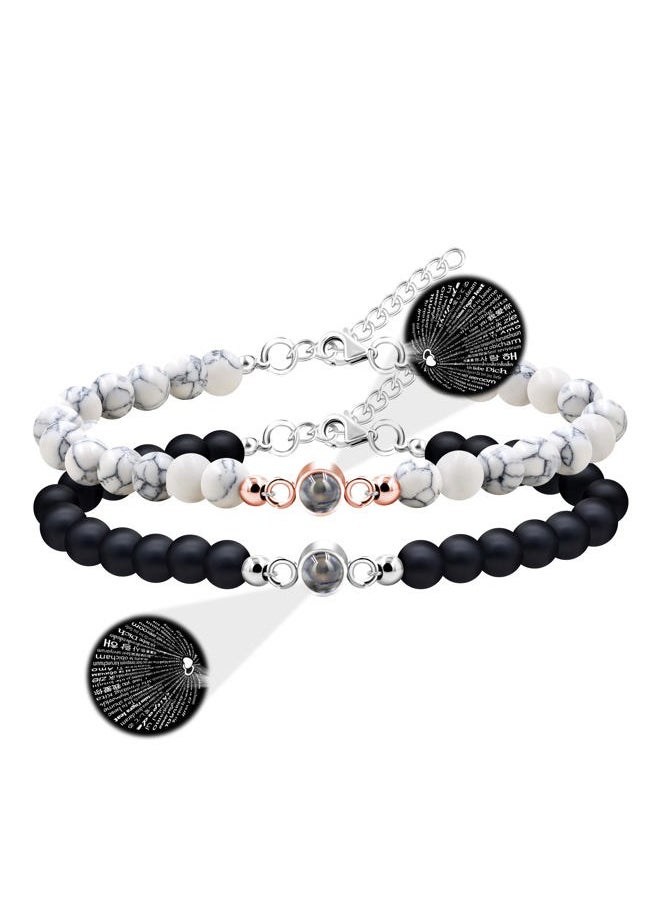 Uloveido - 100 Languages I Love You Bracelets Matching Couples Distance Friendship Gifts - 6mm White Turquoise and Black Onyx Bracelets for Women Men - Image 1