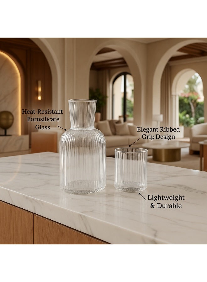 Circuit Green 750ml Carafe + 250ml Cup Bedside Glass Water Set – Clear Ribbed Borosilicate Nightstand Carafe for Bedroom, Office & Guests - Image 2